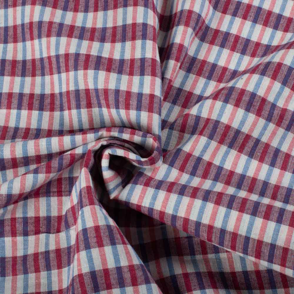 Red Blue White Check Pure Cotton 106 GSM Handwoven Fabric