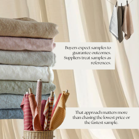Fabric buyer and supplier aligning expectations during wholesale sampling and production planning