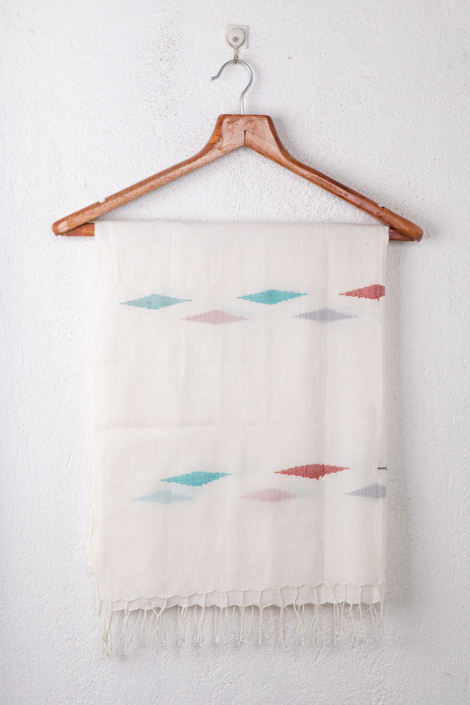 Geometric White Jamdani Handwoven Pure Cotton Scarf 126