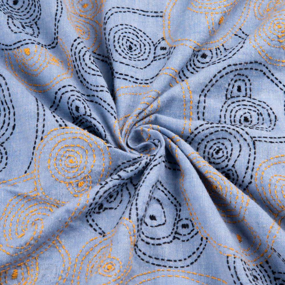 Geometric Blue Kantha Embroidered Khadi Cotton 129 GSM Handwoven Fabric