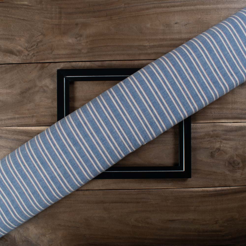 Stripe Blue and White Pure Cotton 100 GSM Handwoven Fabric