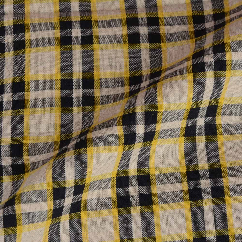 CHECK YELLOW BLACK & WHITE PURE COTTON 105 GSM HANDWOVEN FABRIC