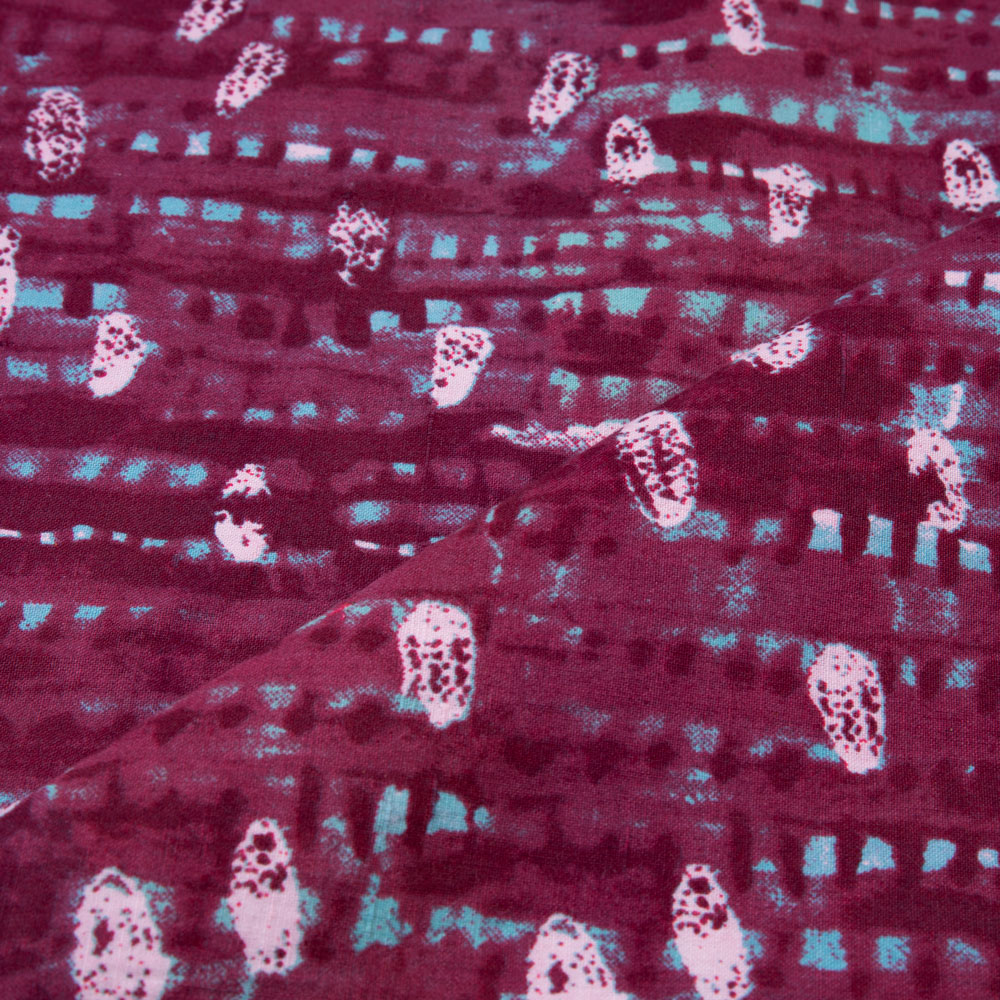 ABSTRACT PLUM SCREENPRINTED COTTON KHADI 115 GSM HANDWOVEN FABRIC