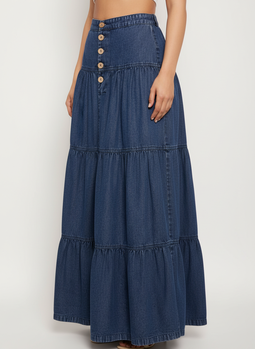 Buttoned & Tiered Maxi Skirt