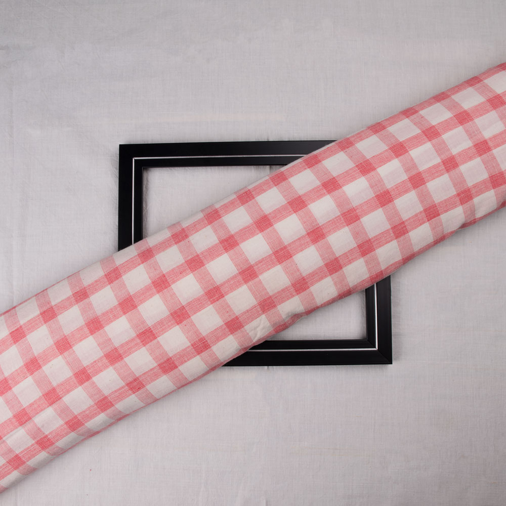 Check Red & White Pure Cotton 102 GSM Handwoven Fabric