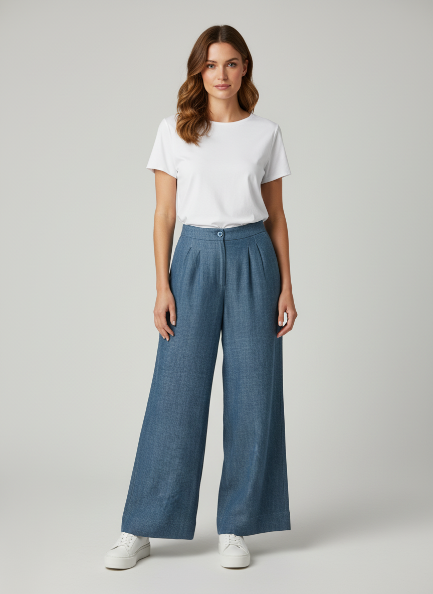 Straight Cut Wide Leg Bottom Pants With Center Button