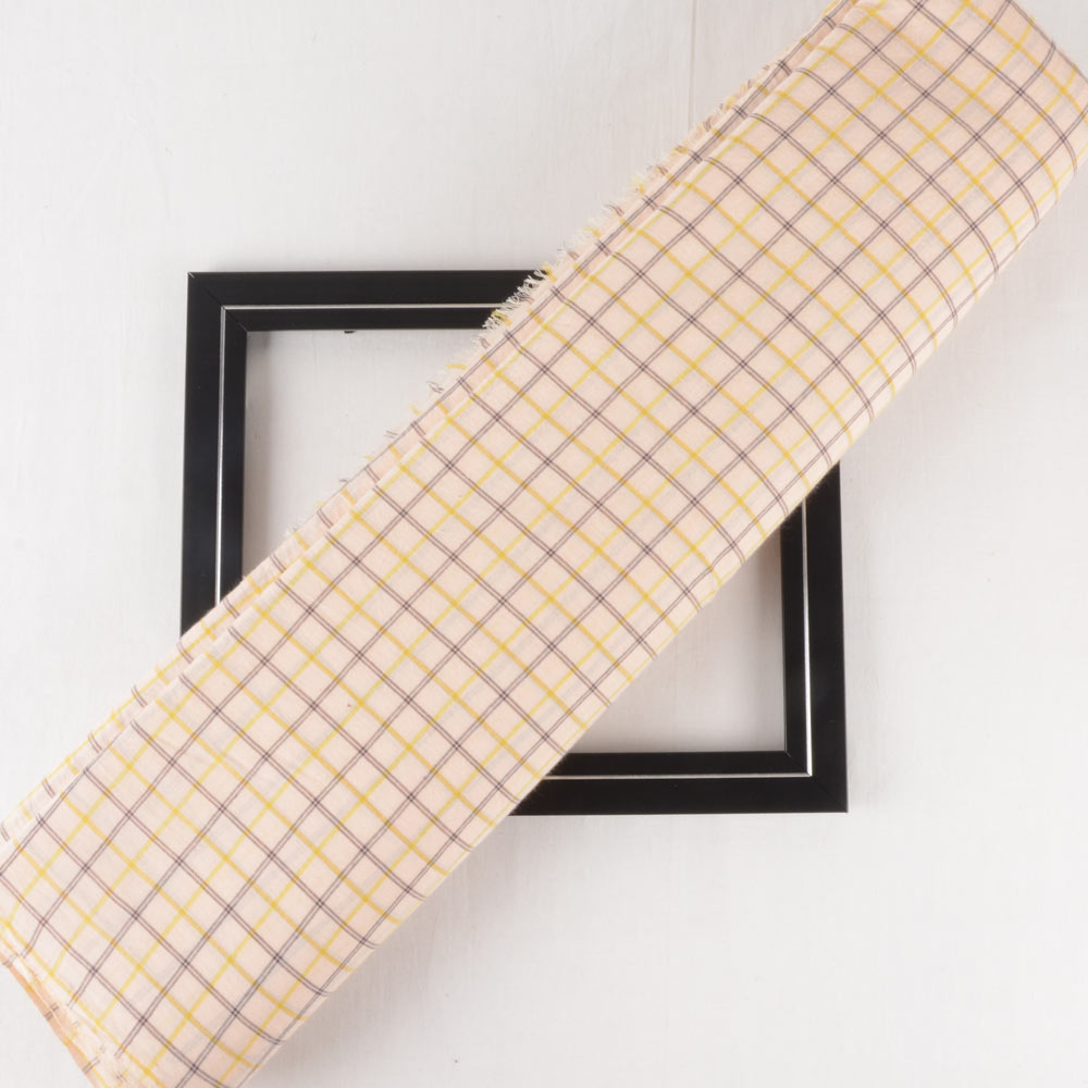 Check Yellow Black & Peach 61 GSM Handwoven Cotton Fabric