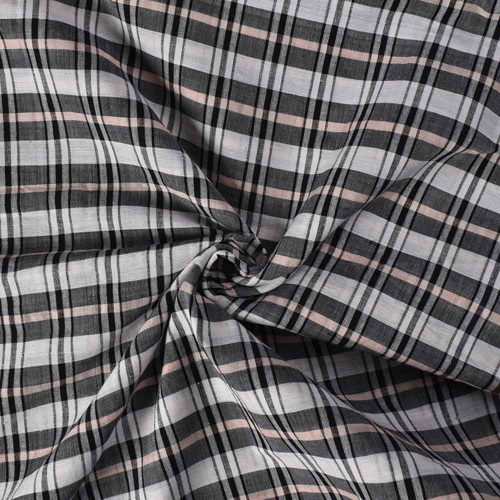 Check Black White Cotton Khadi And Linen Blend 90 GSM Handwoven Fabric