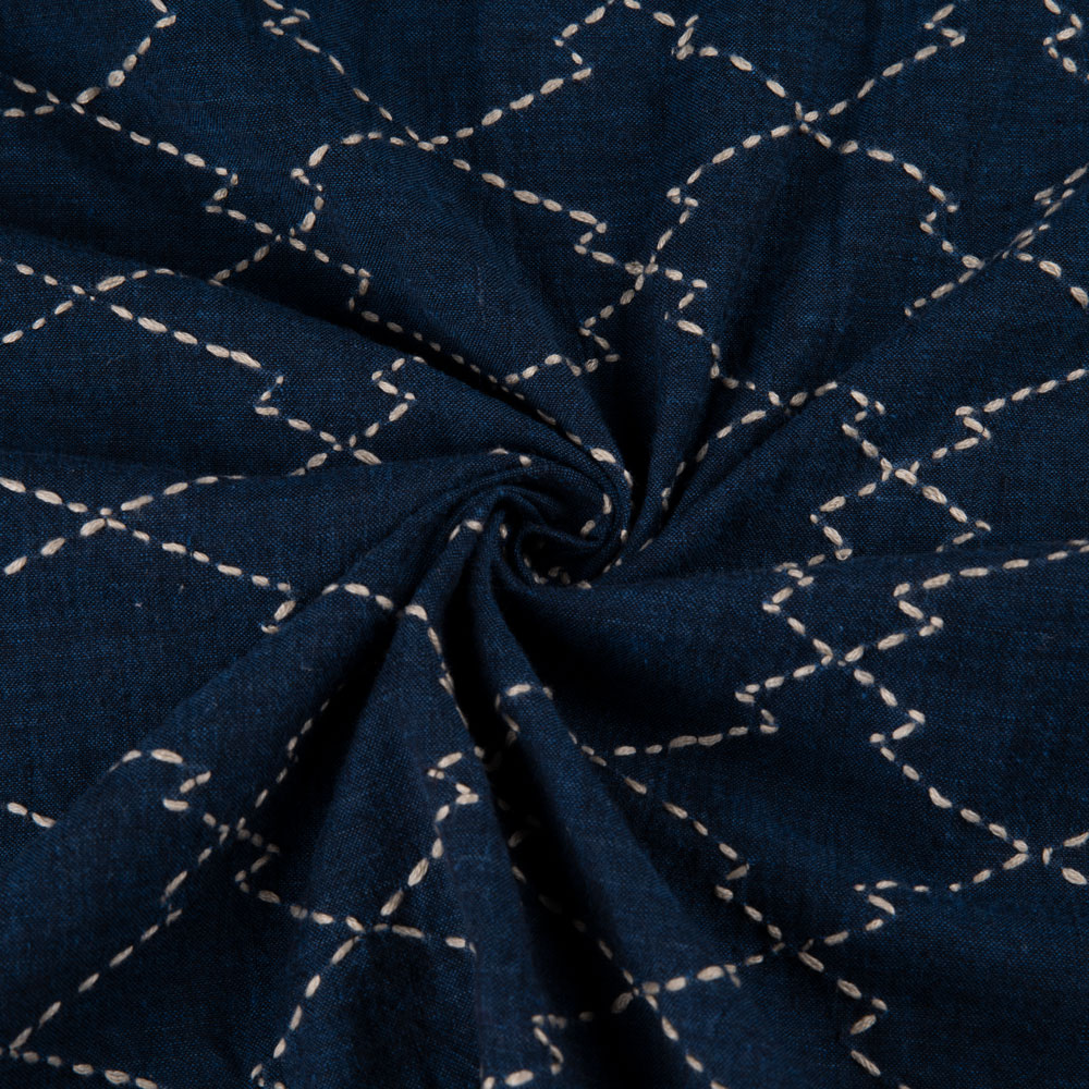 Geometric Midnight Blue Kantha Embroidered Pure Cotton 100 GSM Handwoven Fabric
