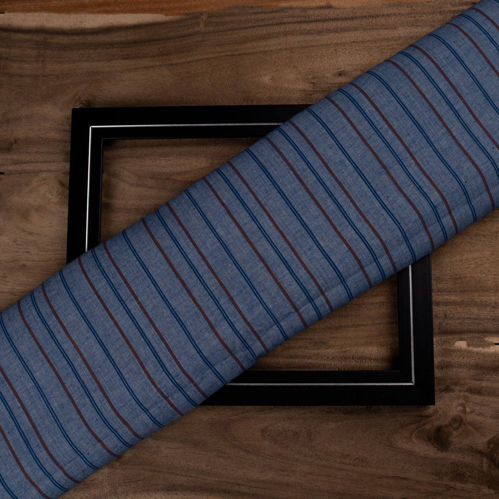 Stripe Blue Pure Cotton 65 GSM Handwoven Fabric 208