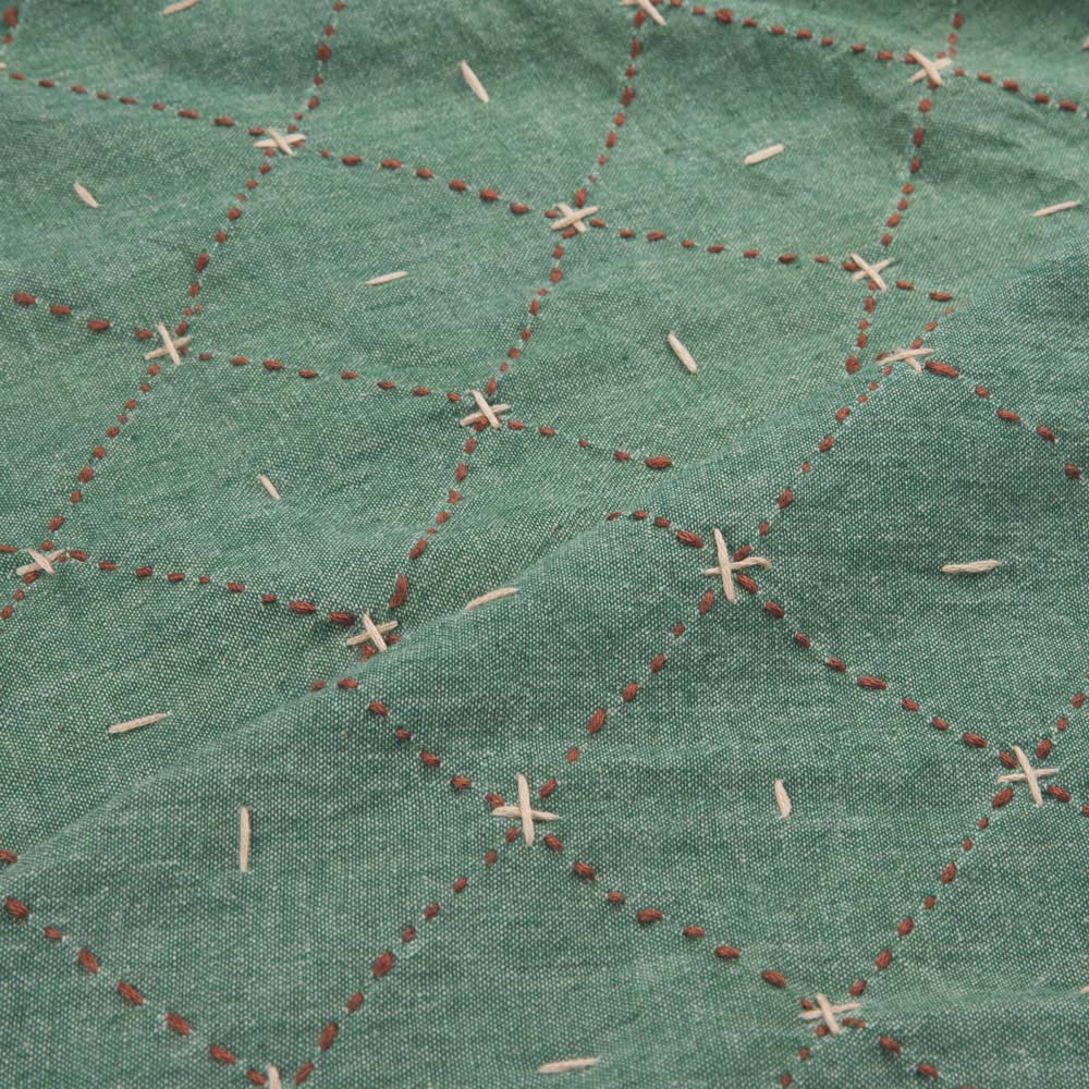 CHECK GREEN KANTHA EMBROIDERED PURE COTTON 153 GSM HANDWOVEN FABRIC
