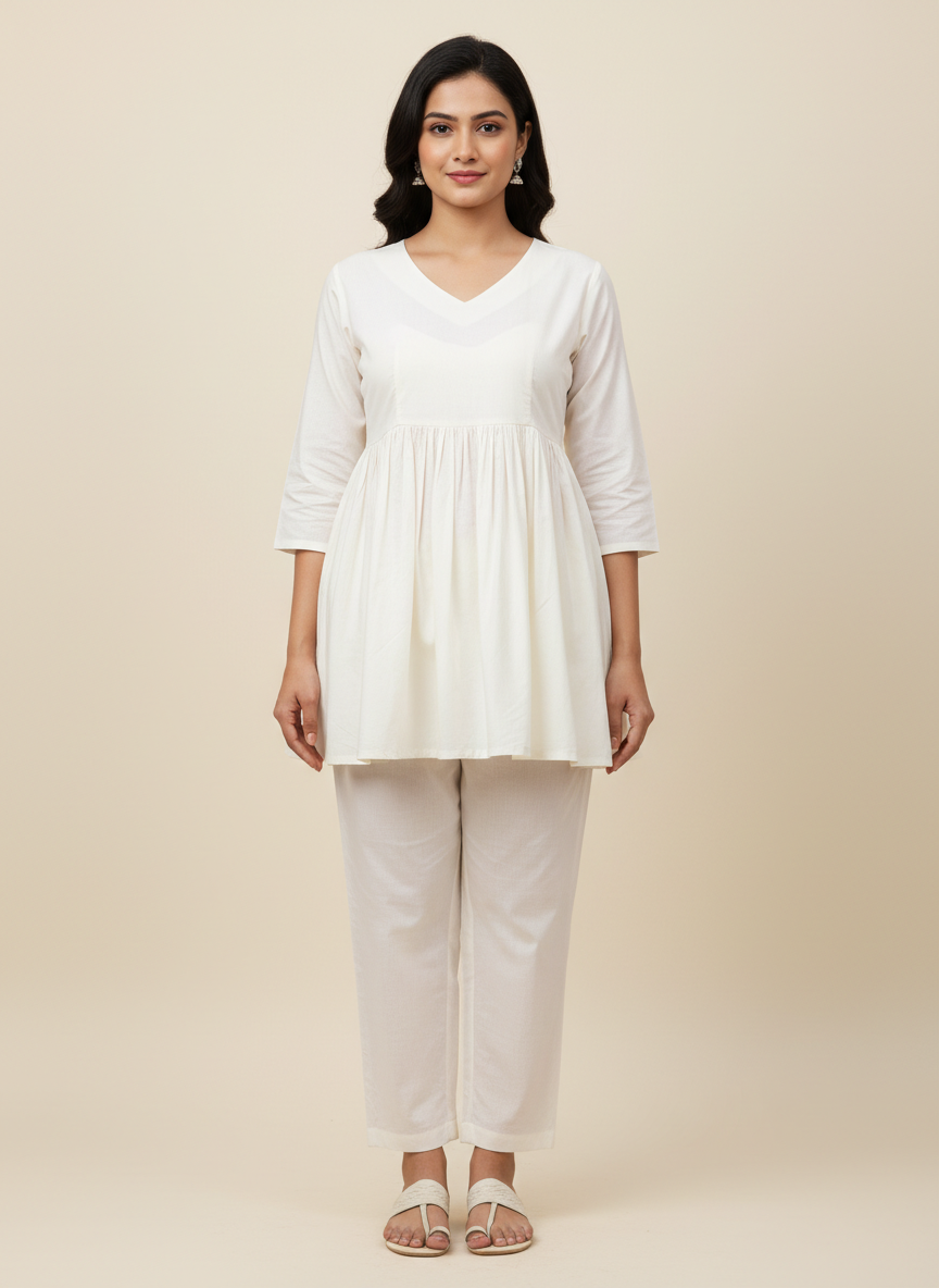 V- Neck Gathered Full Length Co-ord Set