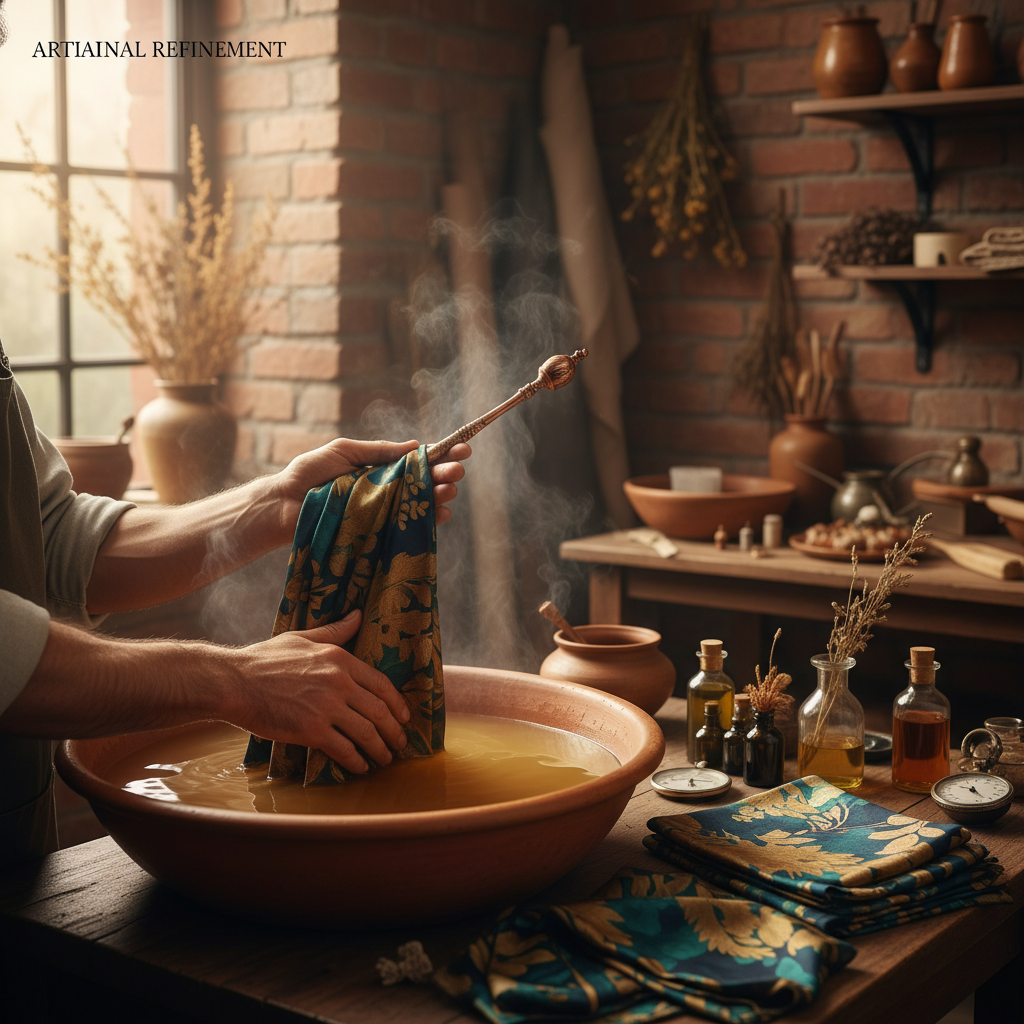 Khadi fabric fixed with adhesive on padded printing table before manual screen printing