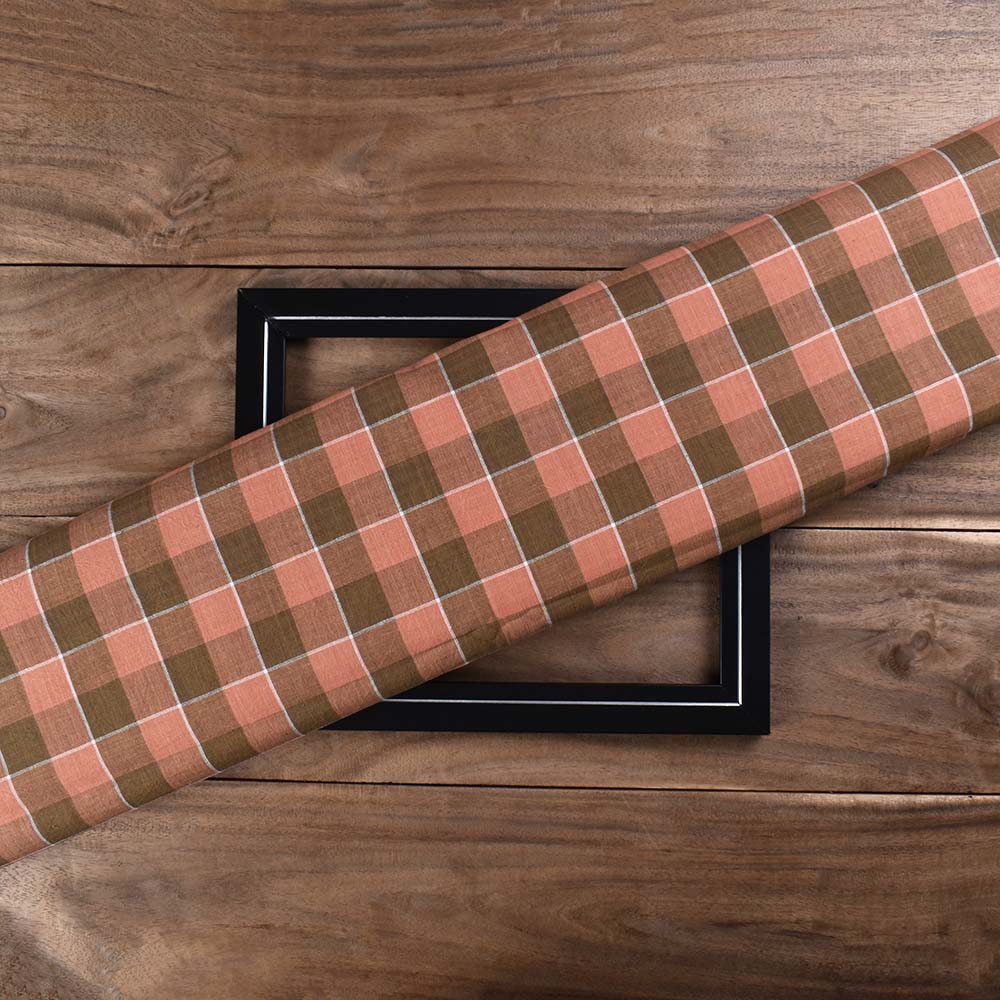Check Brown Olive Pure Cotton 108 GSM Handwoven Fabric