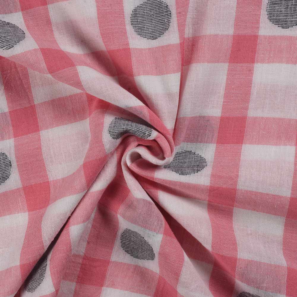 Polka Check Pink & Black Jamdani Pure Khadi 104 GSM Handwoven Fabric