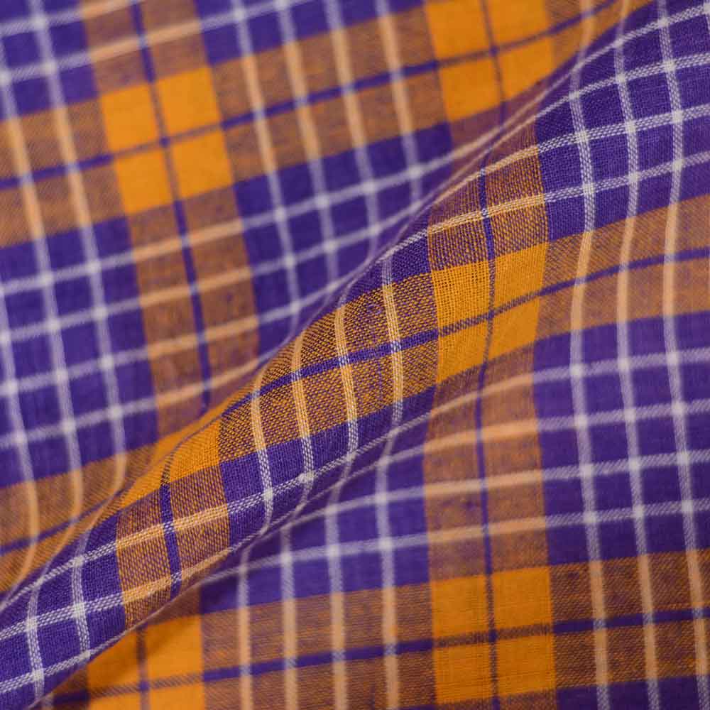 Check Orange & Purple Pure Cotton 91 GSM Handwoven Fabric