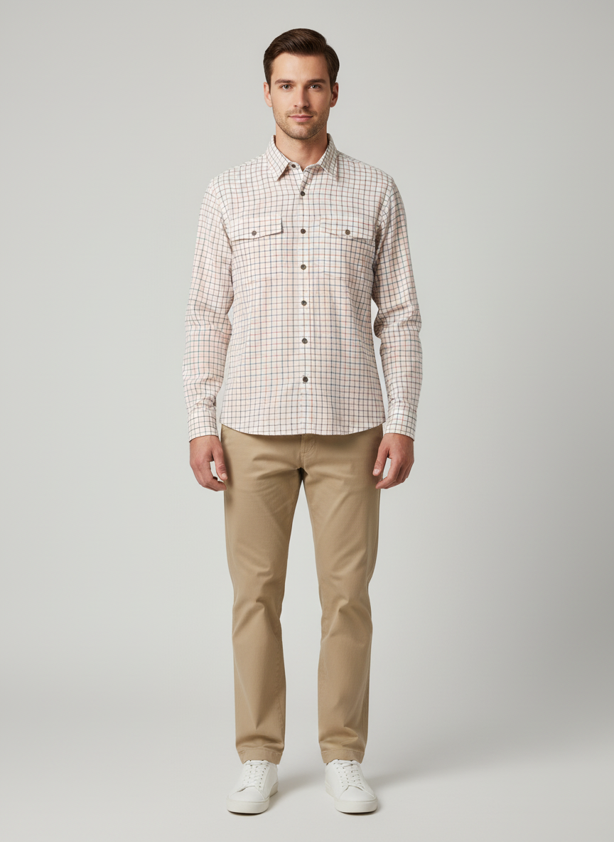 Spread Collared Shirt With Center - Double Buttoned Flap Pockets