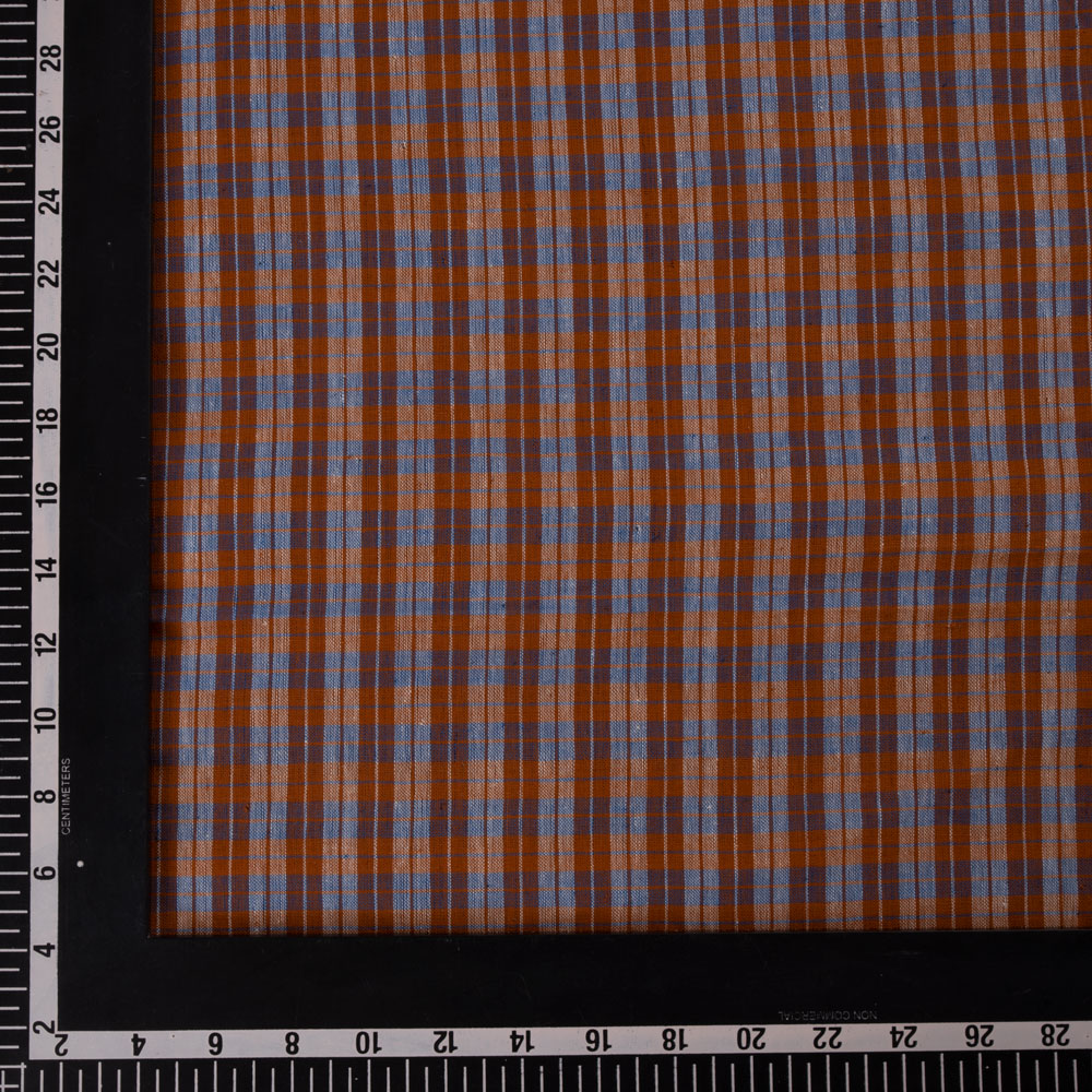 CHECK ORANGE & BLUE PURE COTTON 94 GSM HANDWOVEN FABRIC