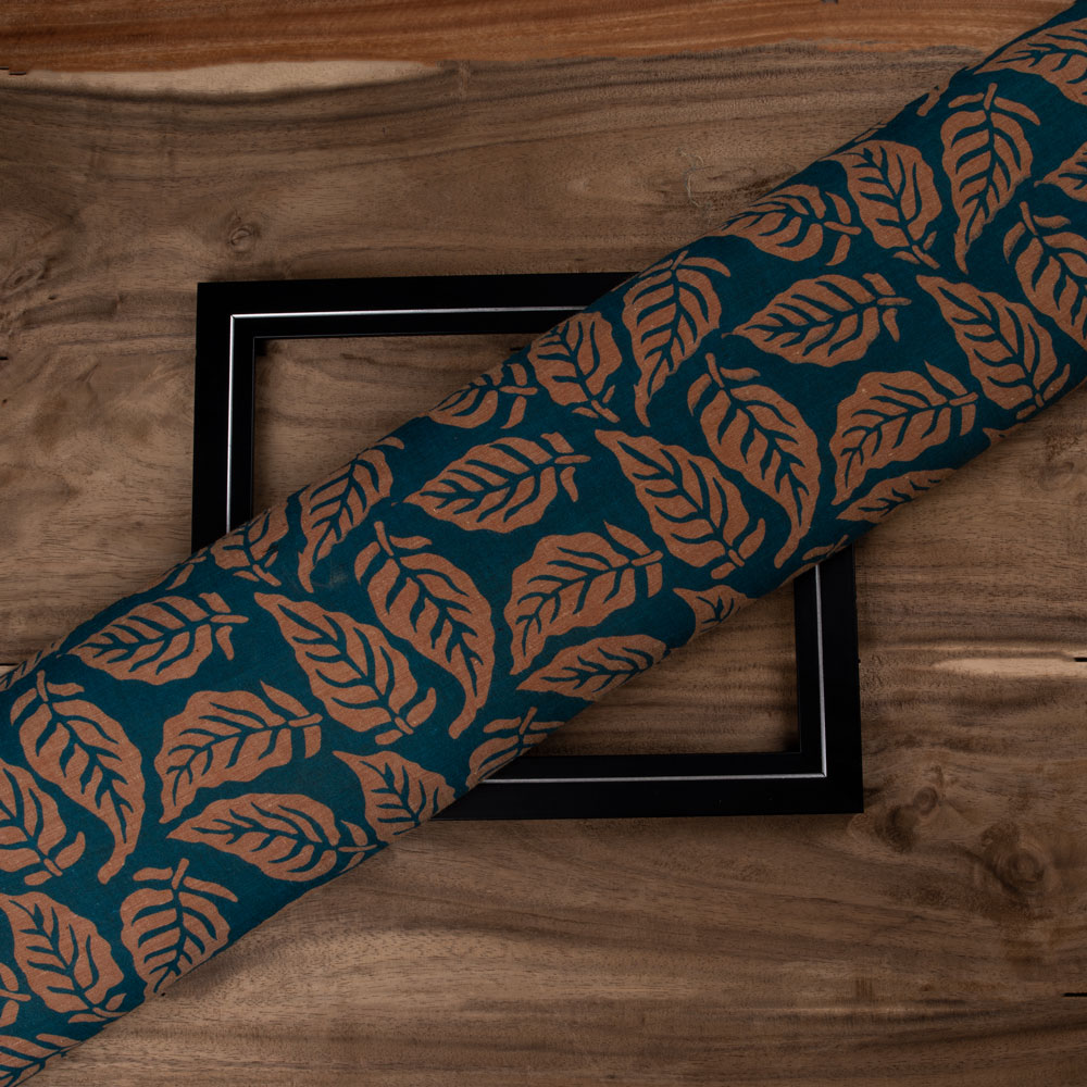 Leafy Teal & Brown Screenprinted Cotton Khadi 82 GSM Handwoven Fabric