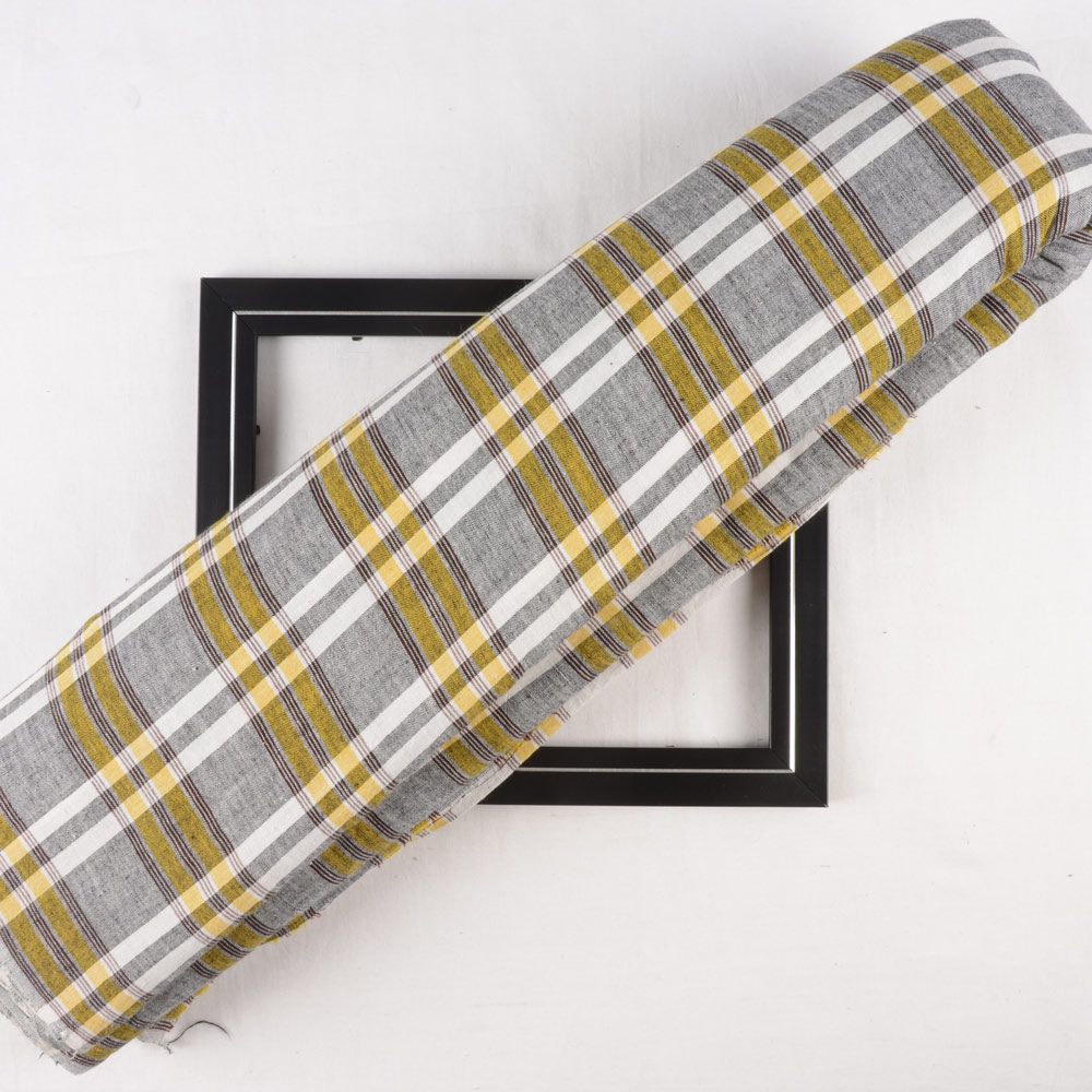 Check Grey & Yellow Pure Cotton 92 GSM Handwoven Fabric