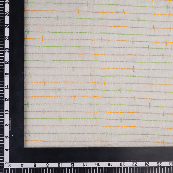 STRIPE OFF WHITE KANTHA EMBROIDERED KHADI COTTON 140 GSM HANDWOVEN FABRIC
