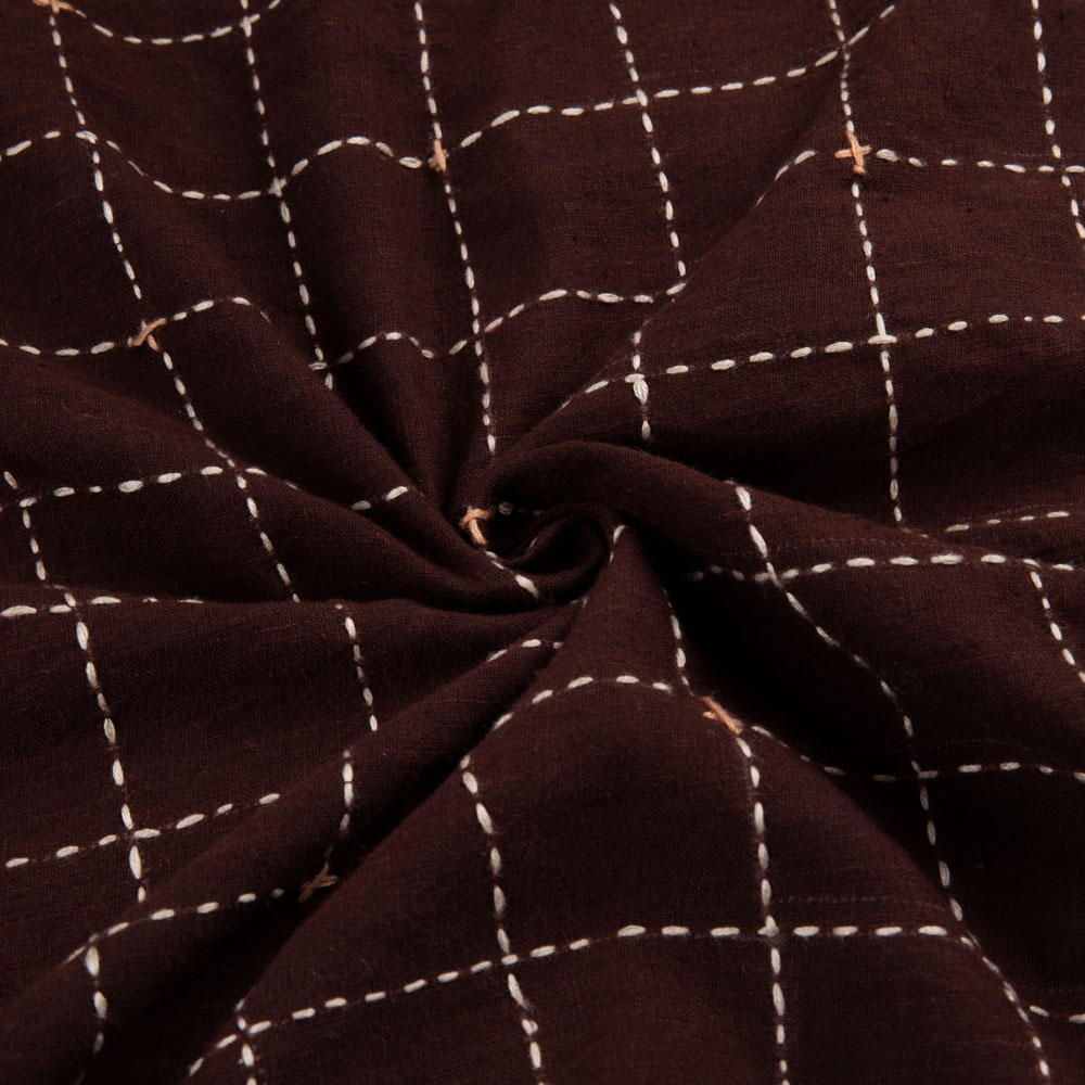 Check Brown Kantha Embroidered Khadi Cotton 110 GSM Handwoven Fabric
