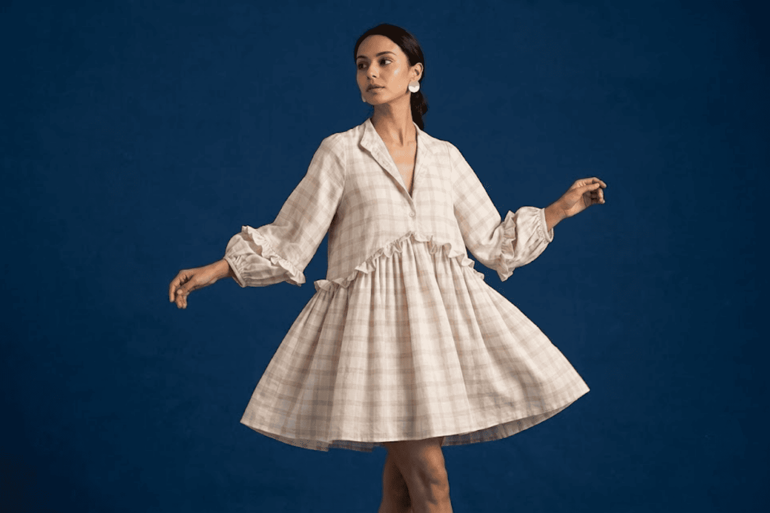 Gathered and ruffled dress styled for a Durga Puja look