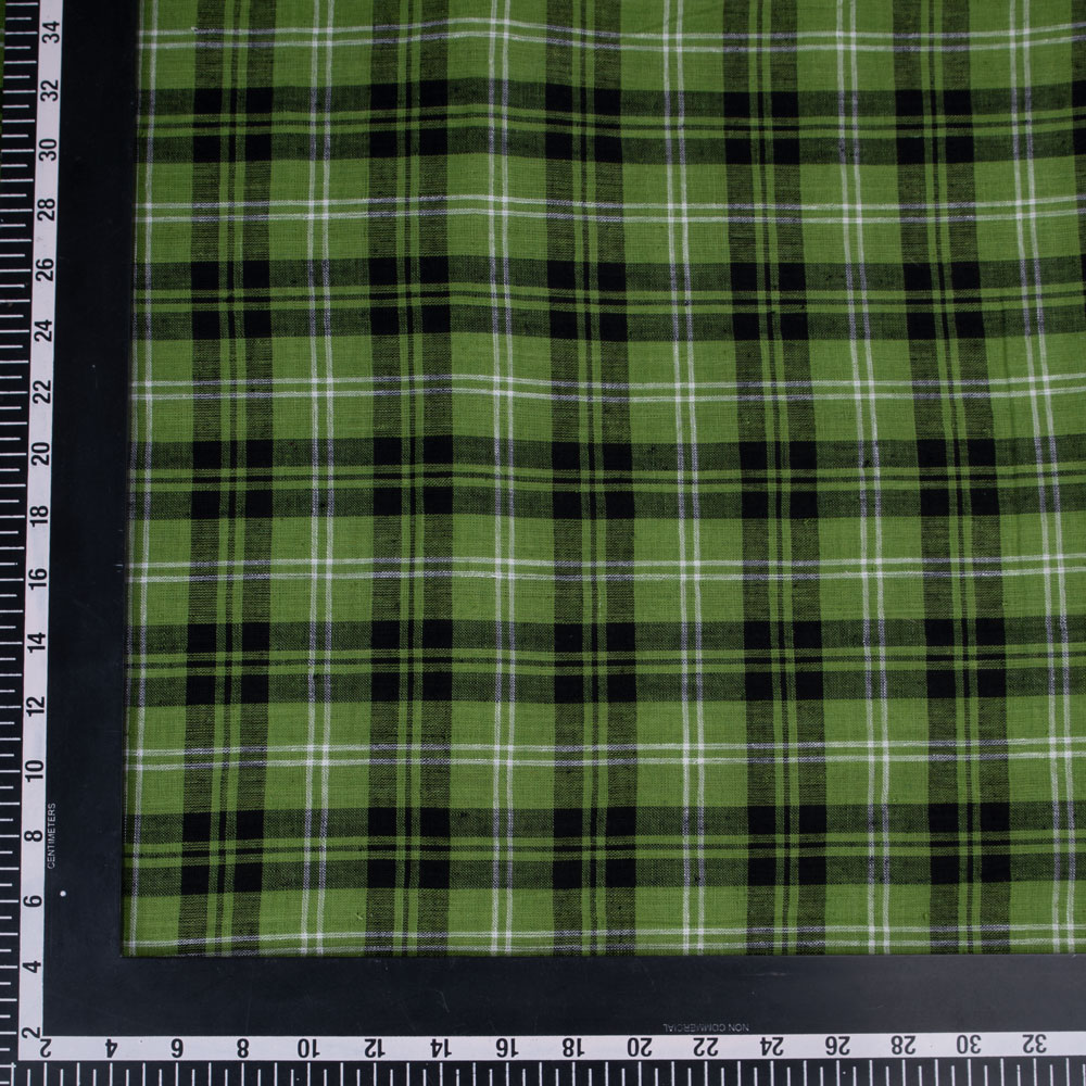 CHECK GREEN & BLACK PURE COTTON 94 GSM HANDWOVEN FABRIC