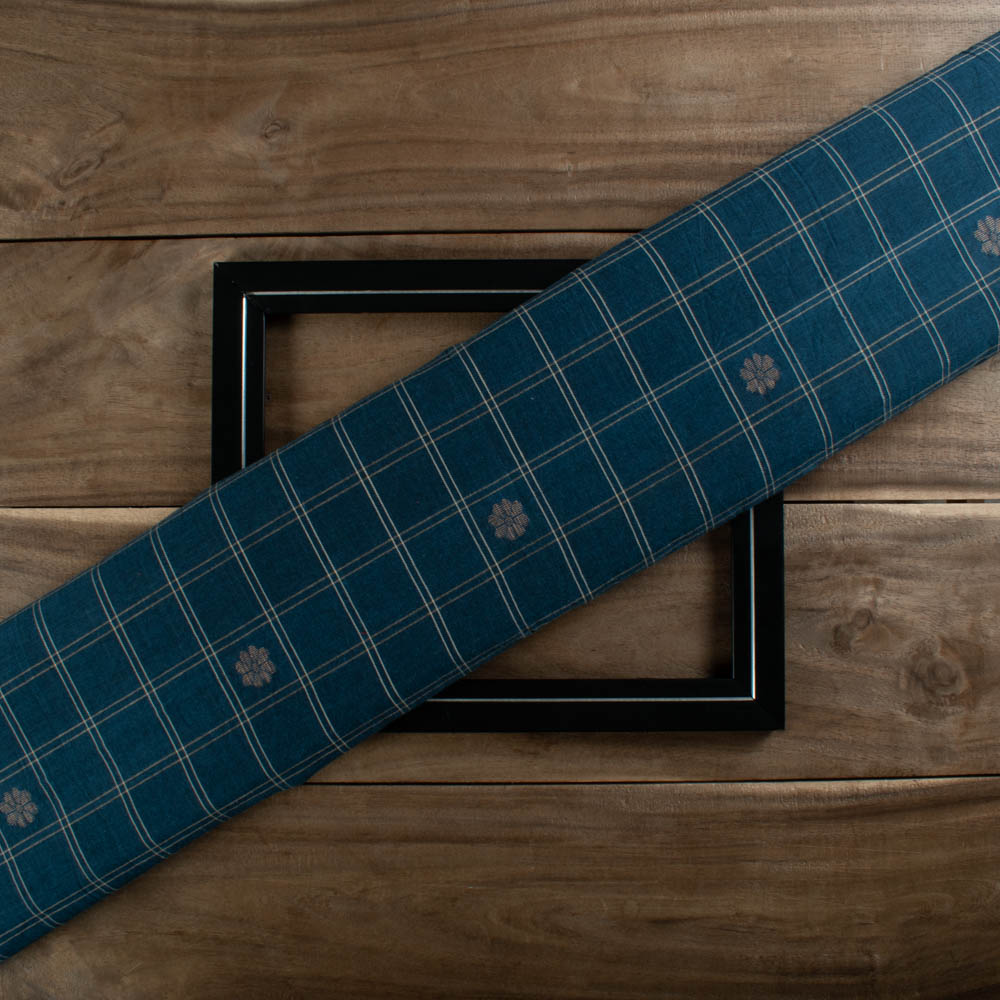 Blue Cream Check Flower Guti Pure Cotton 60 GSM Handwoven Jamdani Fabric
