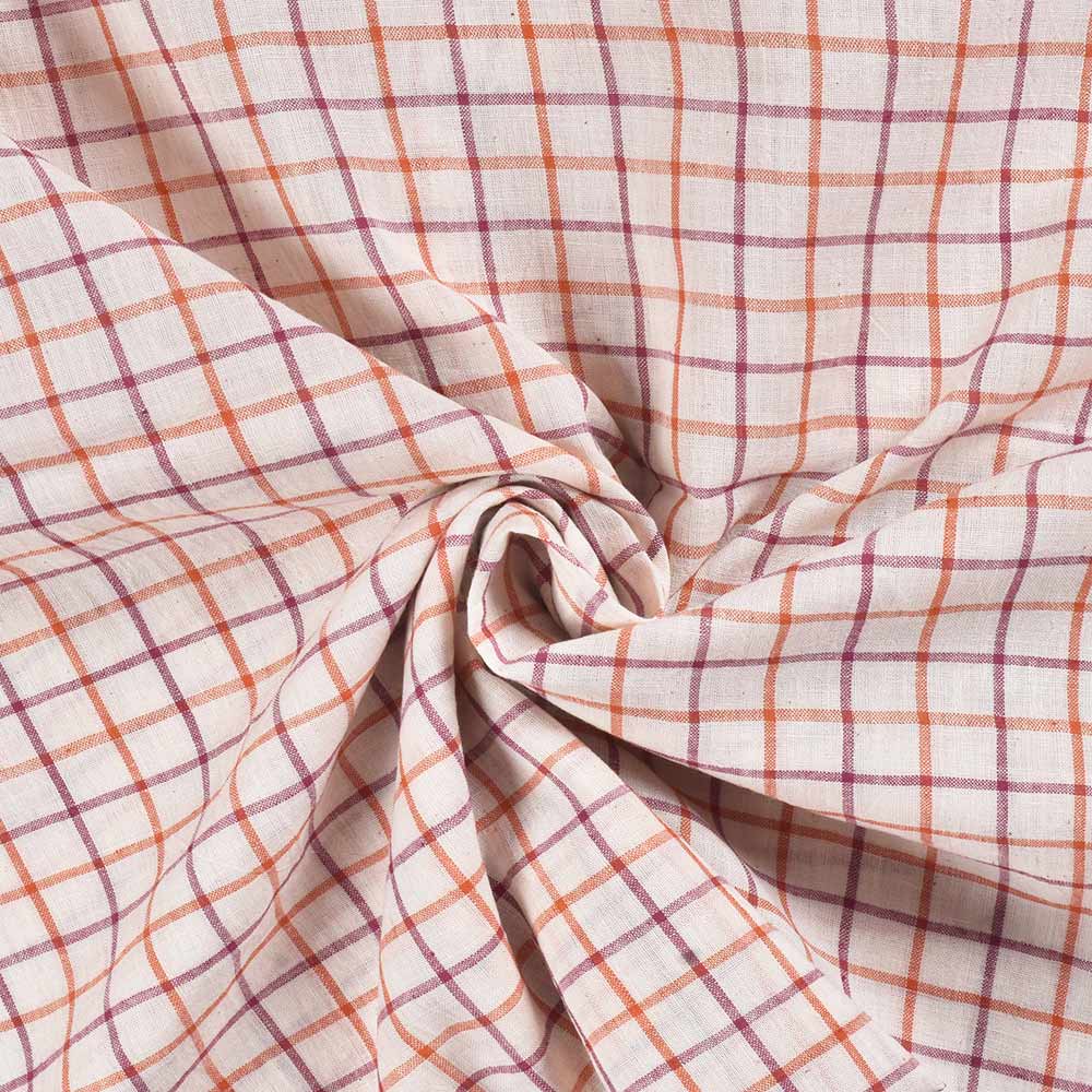 Check Maroon & Orange Pure Cotton 66 GSM Handwoven Fabric