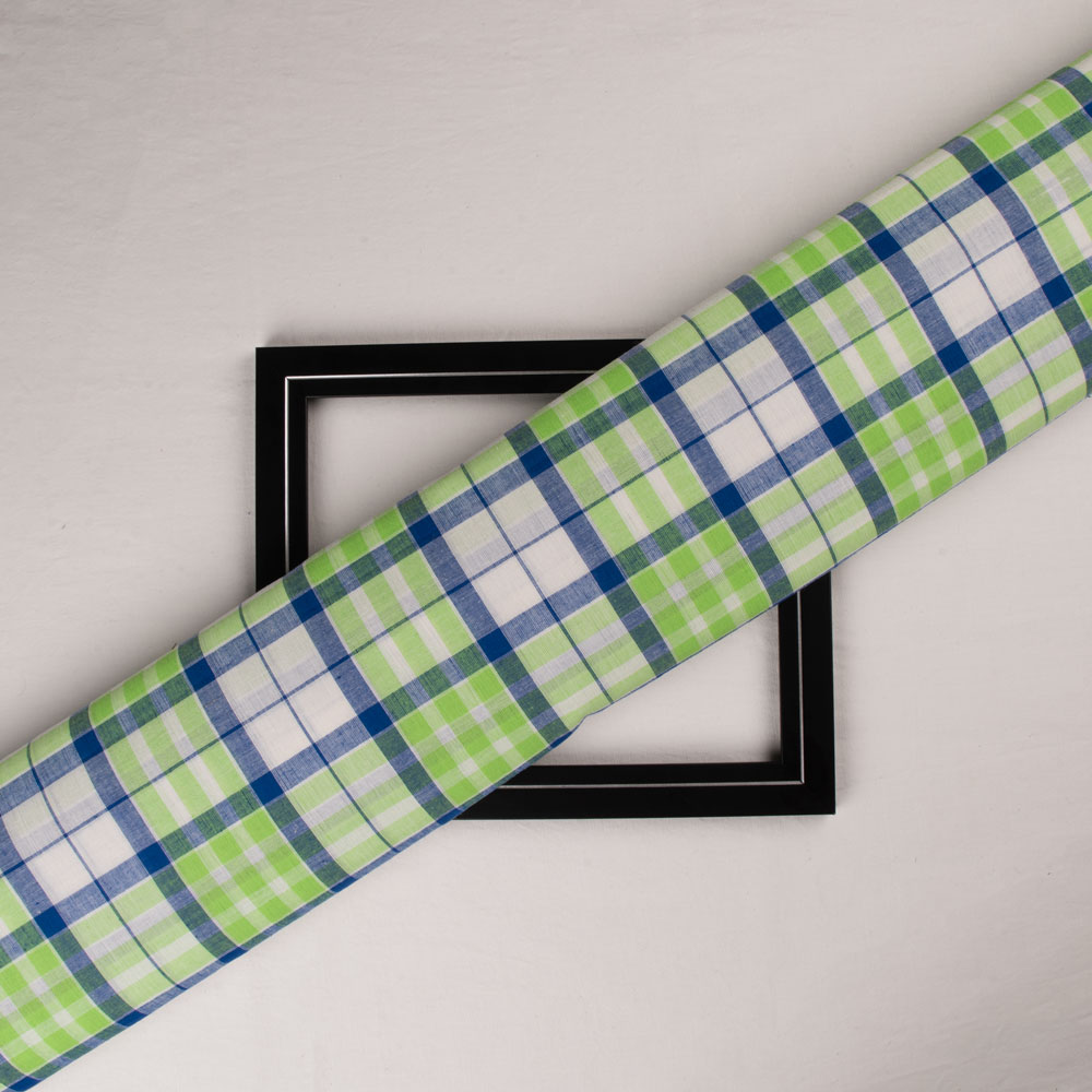 Check Blue Green & White Pure Cotton 95 GSM Handwoven Fabric