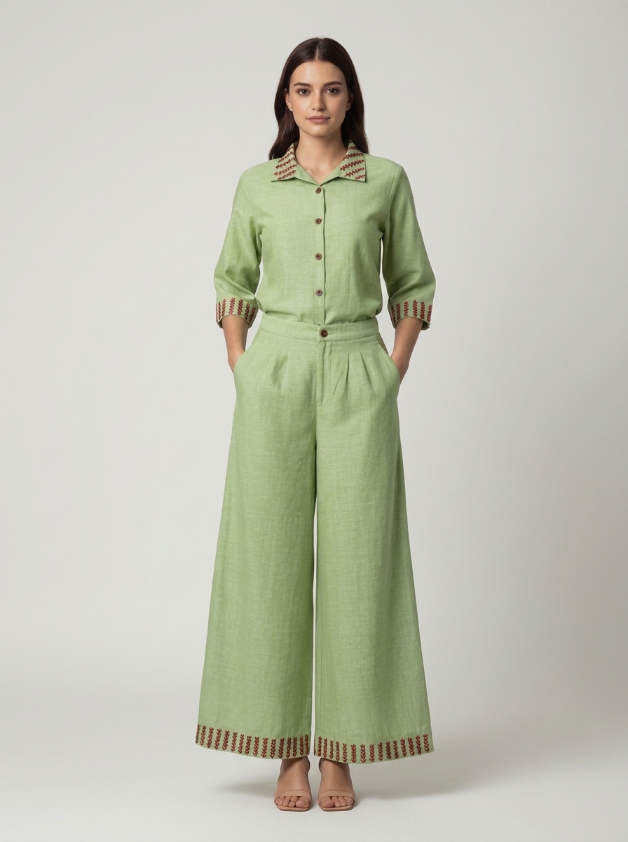 Embroidery Shirt & Full Length Pants Co-ord Set