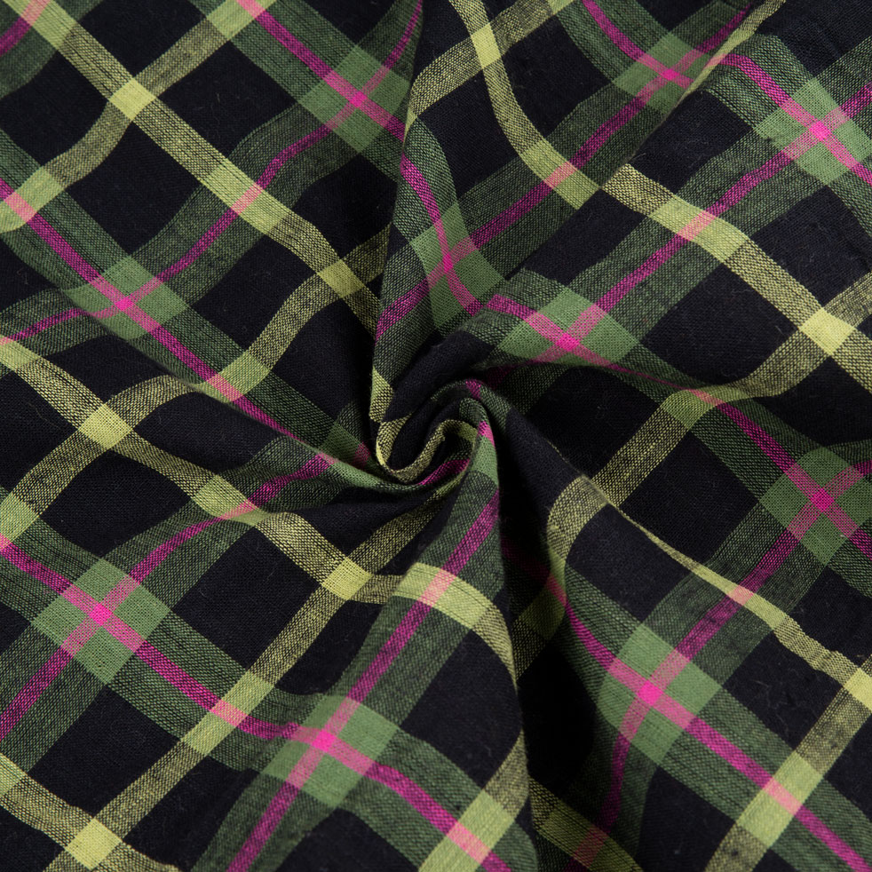 Check Black Green and Pink Pure Cotton 103 GSM Handwoven Fabric