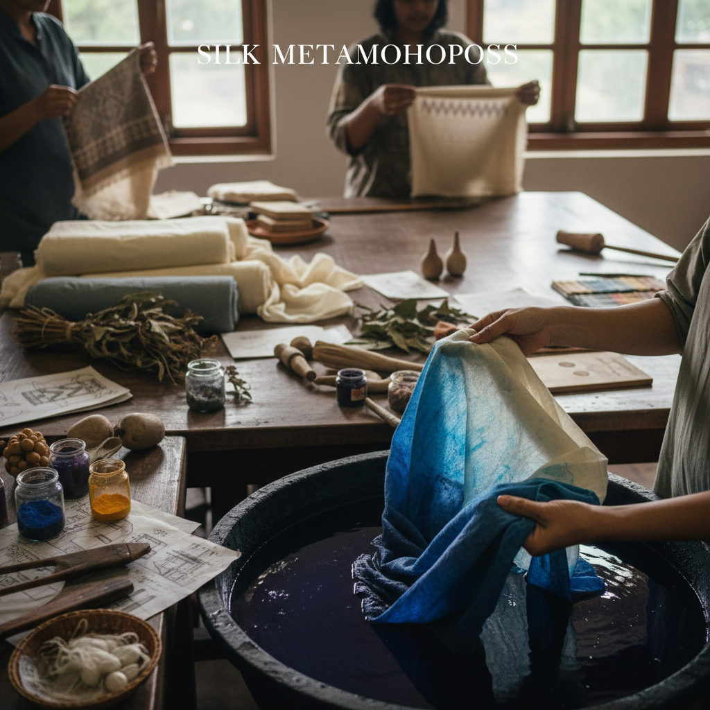 Step-by-step collage showing the sustainable eri silk production workflow for designers.