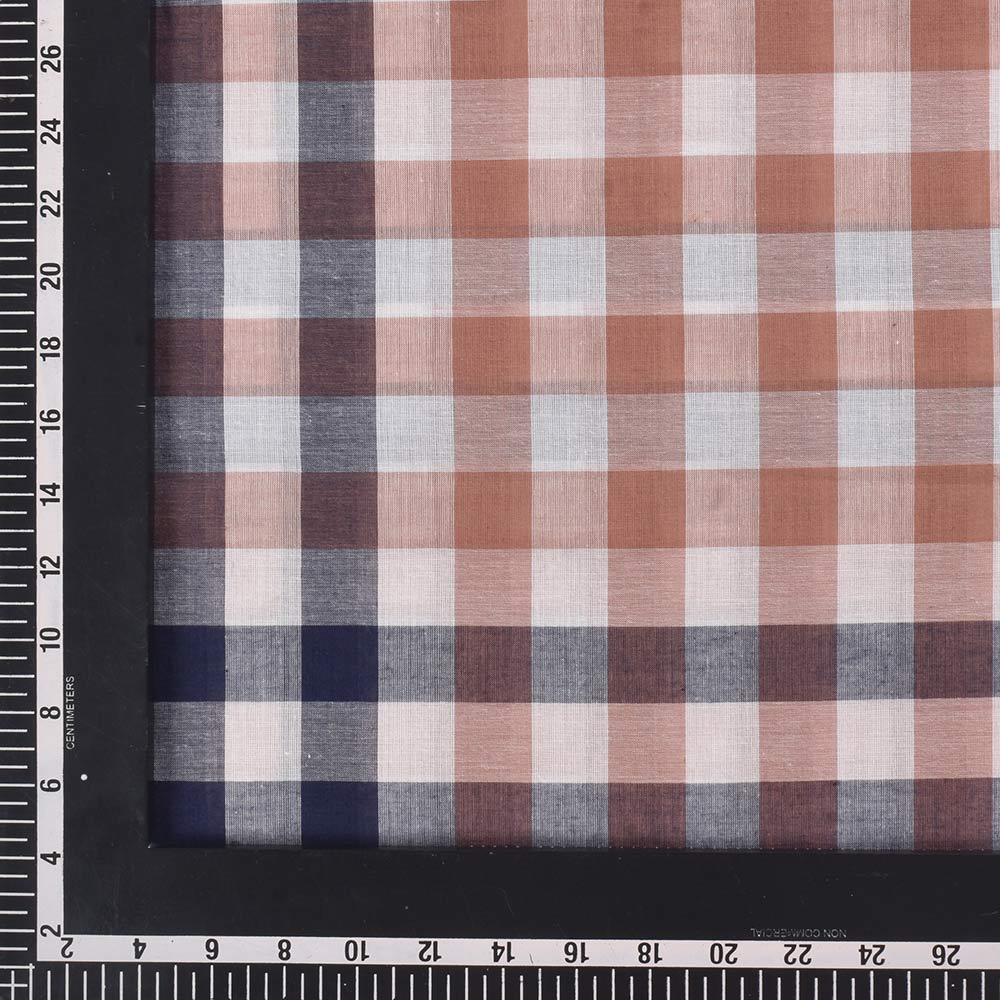 CHECK WHITE BLUE & BROWN PURE COTTON 95 GSM HANDWOVEN FABRIC