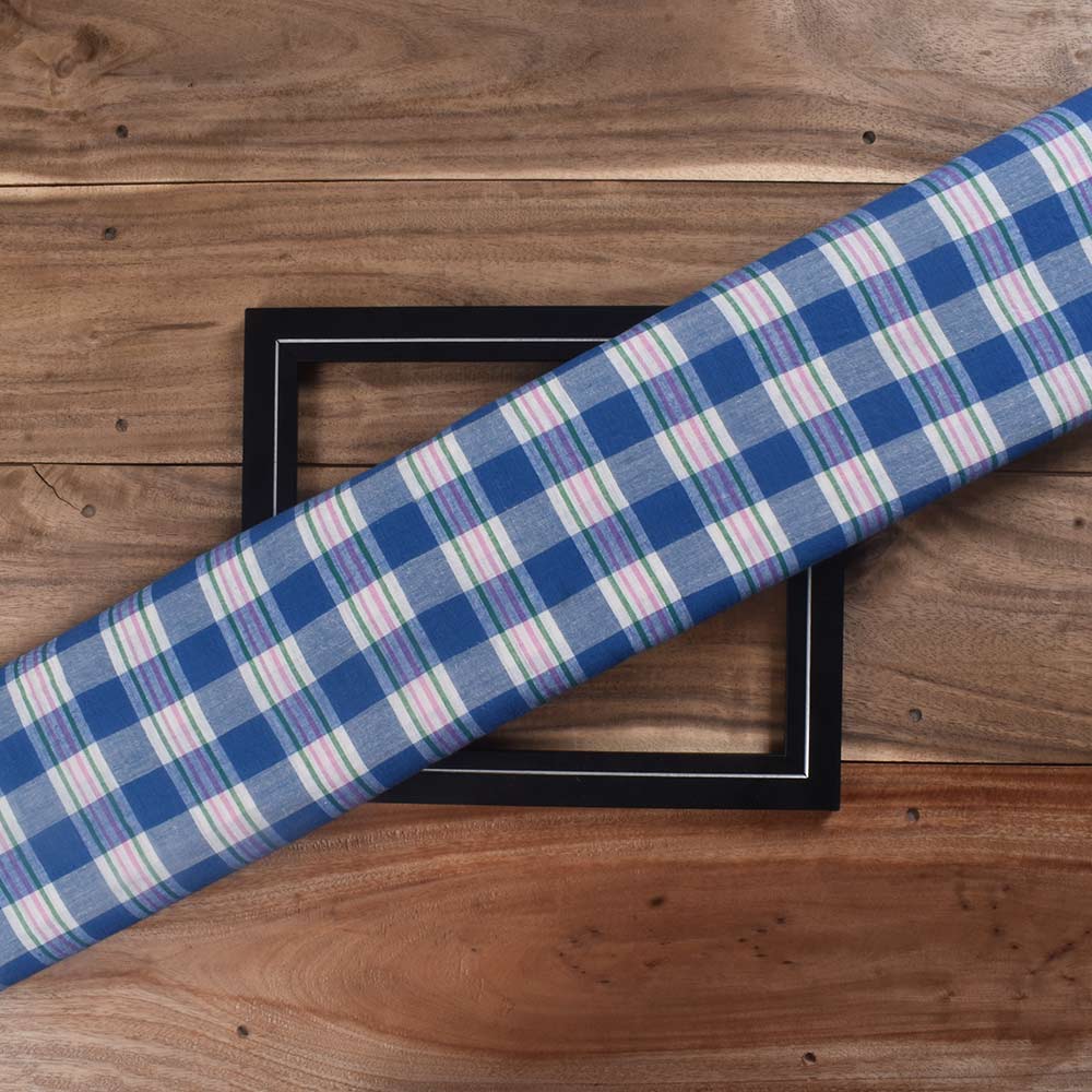Check Blue & White Pure Cotton 67 GSM Handwoven Fabric