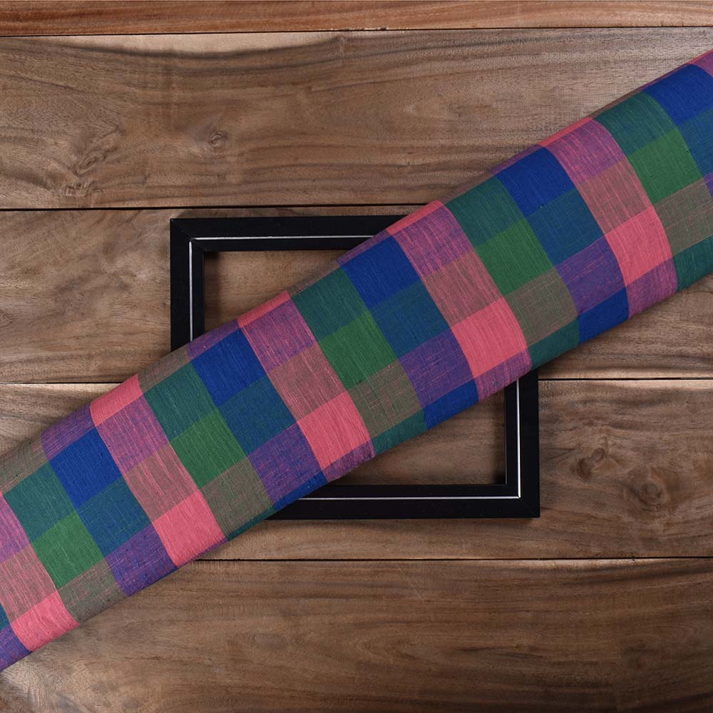 Check Multicolor Slub Pure Cotton 90 GSM Handwoven Fabric