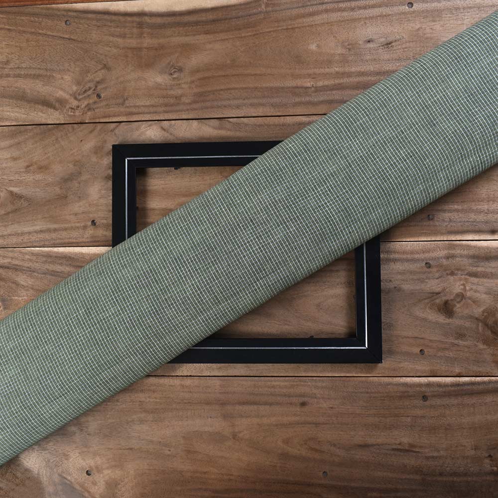 Check Olive Green & White Pure Cotton 98 GSM Handwoven Fabric