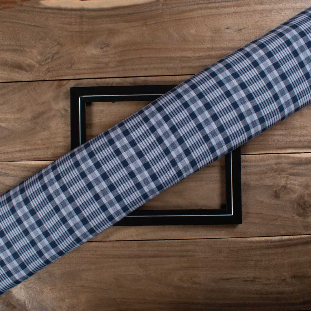 Navy Blue & White Check Pure Cotton 100 GSM Handwoven Fabric 775