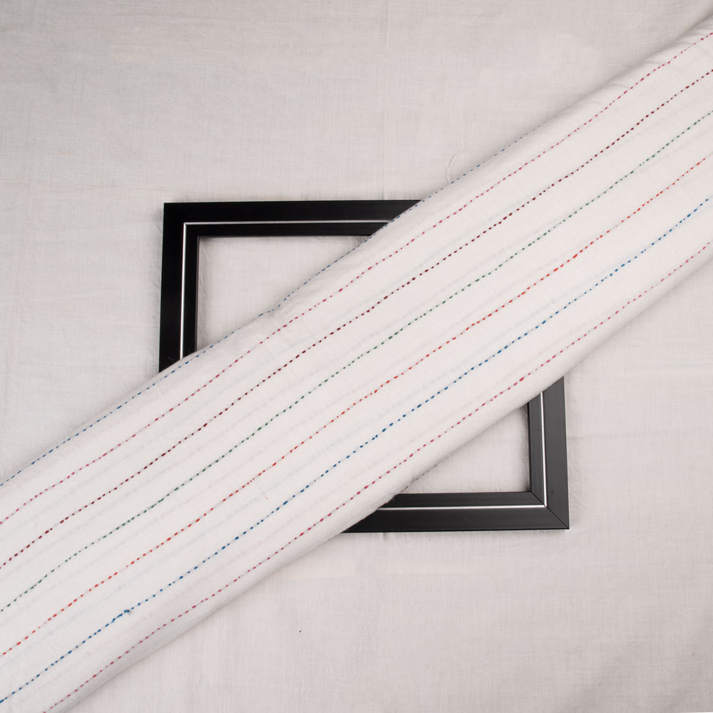Pure khadi fabric with Kantha embroidery in a striped pattern