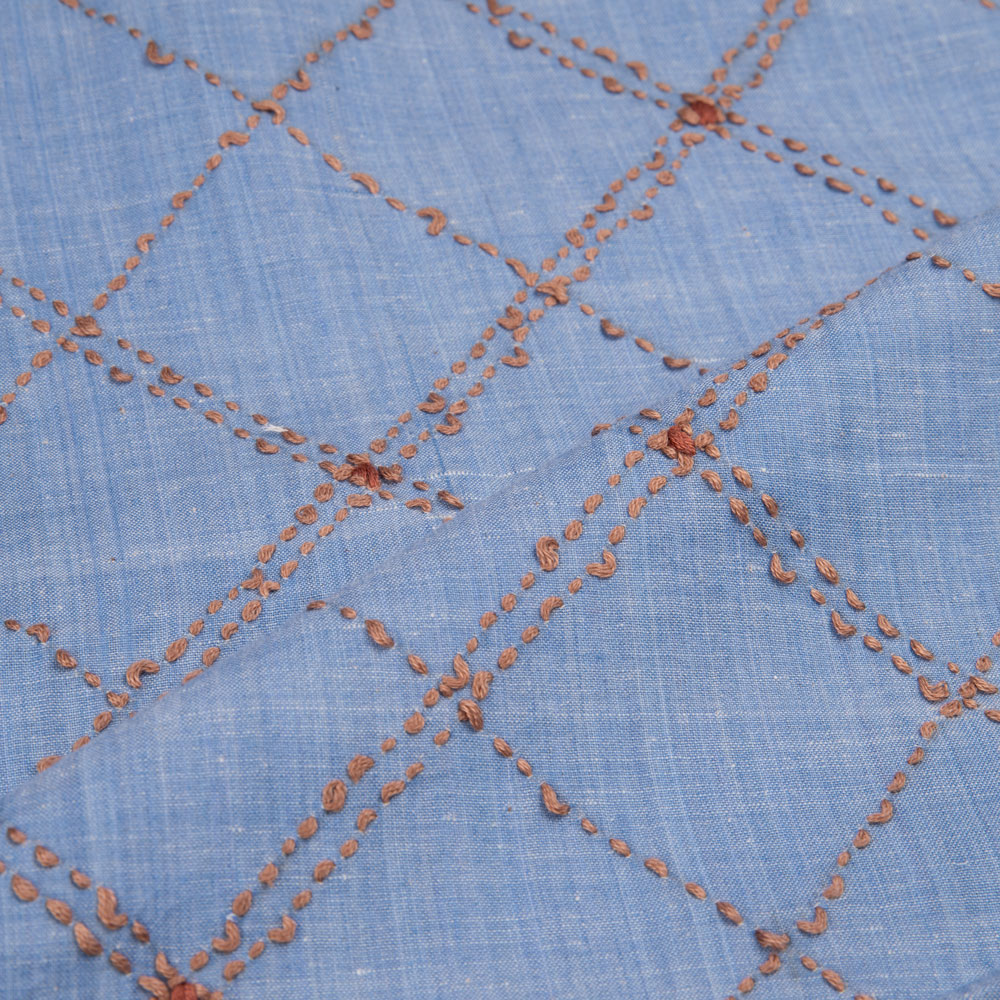 Cotton khadi fabric featuring Kantha embroidery in a check pattern