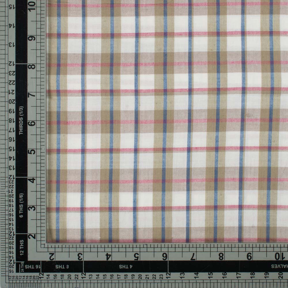 CHECK BEIGE & WHITE PURE COTTON 89 GSM HANDWOVEN FABRIC
