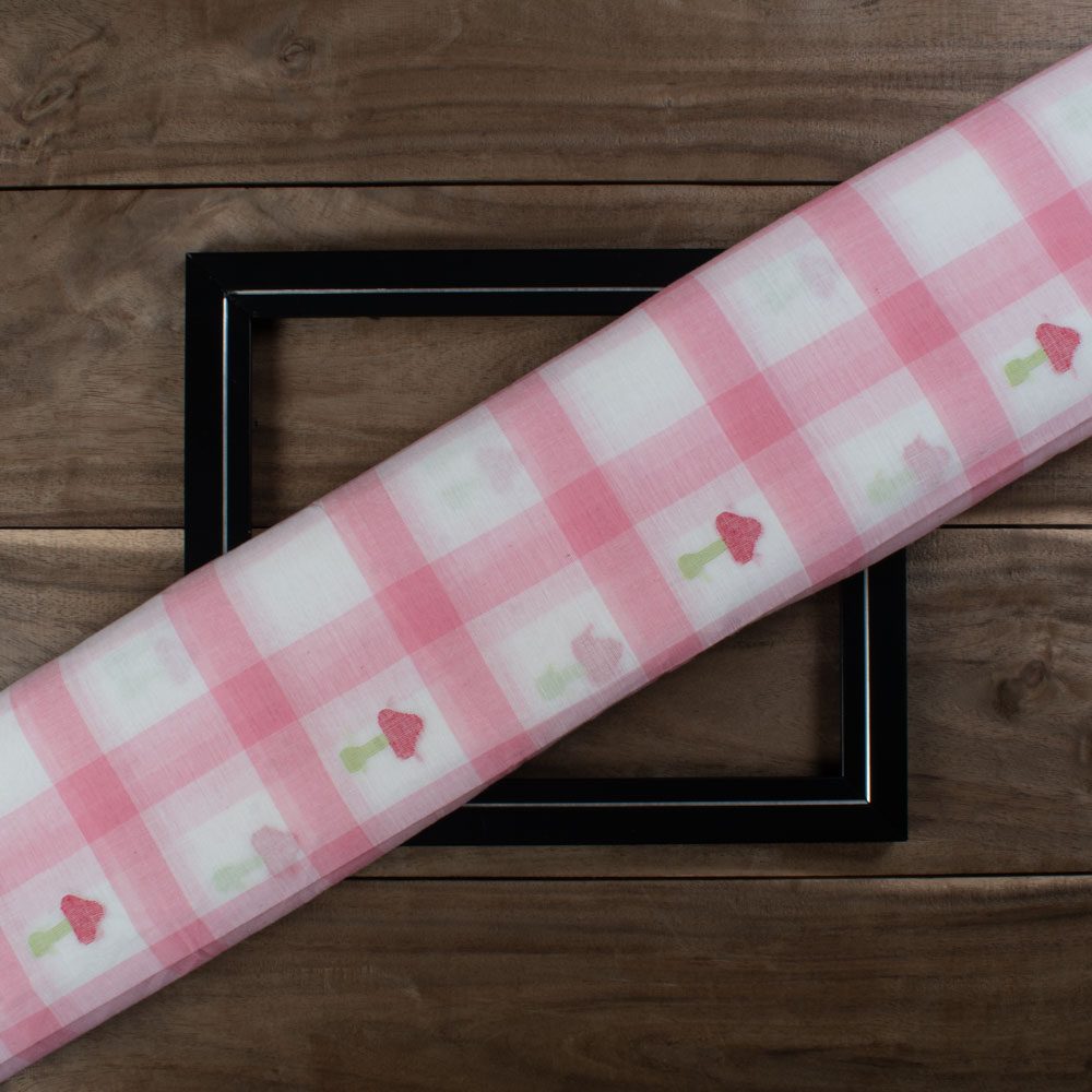 Check Pink White Pure Cotton 55 GSM Mushroom Jamdani Fabric