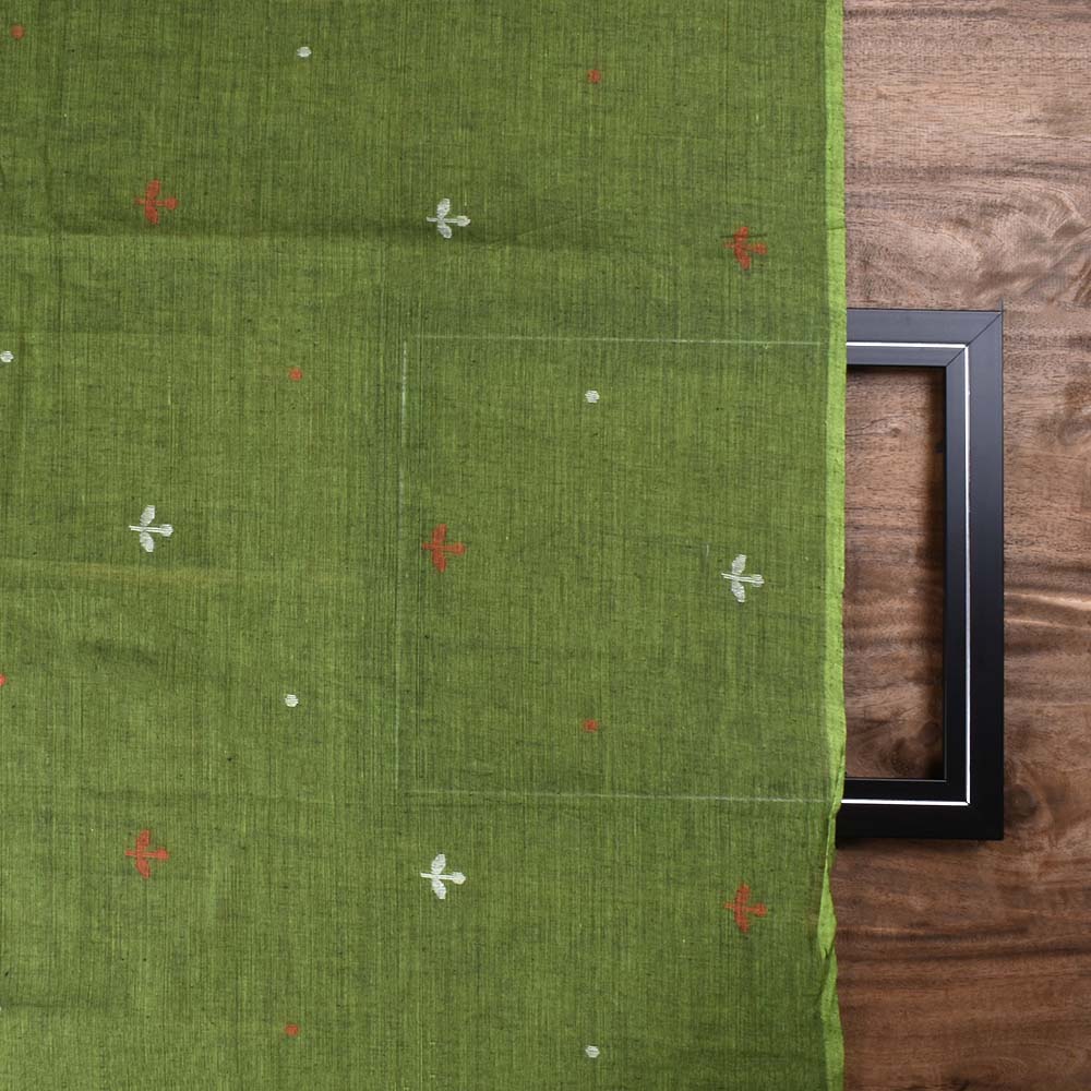 GREEN FLORAL JAMDANI PURE COTTON 57 GSM HANDWOVEN FABRIC