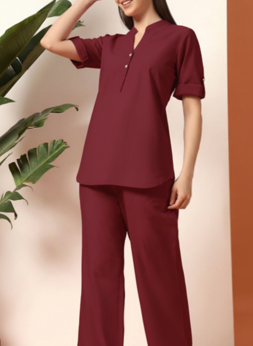 Half Buttoned Top & Bottom Basic Co-ord Set