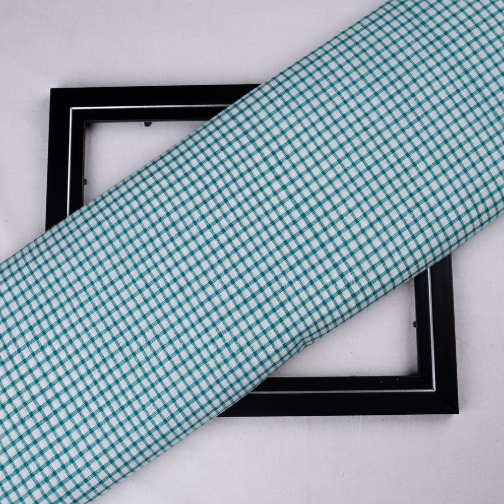 Check Teal White Pure Cotton 110 GSM Handwoven Fabric