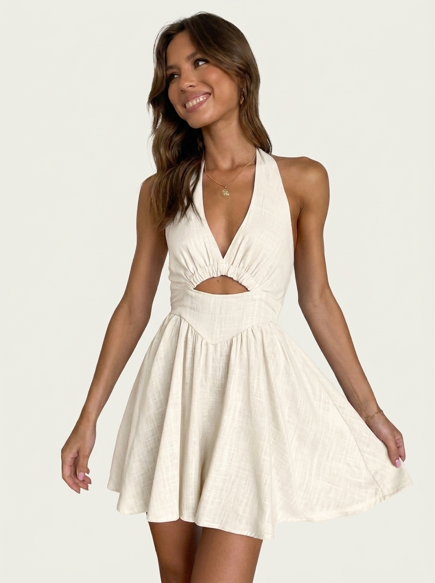 Deep V Neck Waist Cutout Dress