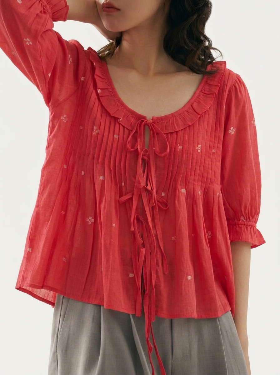 Tucks & Ruffled Lose Top - Red