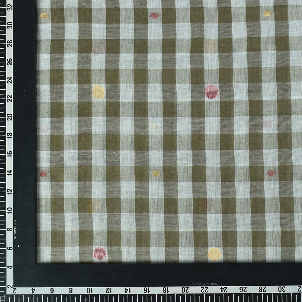 CHECK WHITE OLIVE JAMDANI PURE COTTON 55 GSM HANDWOVEN FABRIC