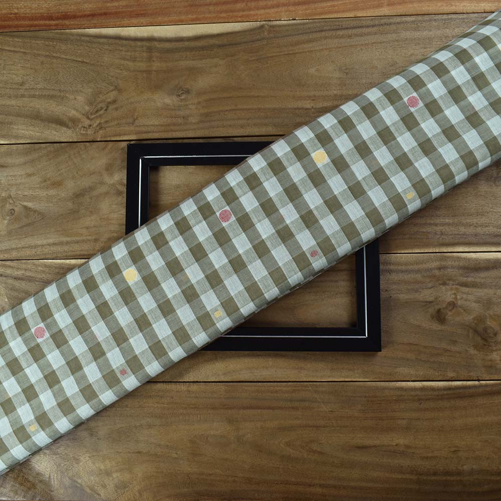 Check White Olive Jamdani Pure Cotton 55 GSM Handwoven Fabric